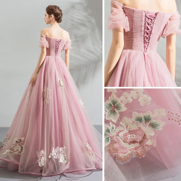 Stunning Candy Pink Prom Dresses 2019 Ball Gown Off-The-Shoulder Puffy Short Sleeve Appliques Lace Floor-Length / Long Ruffle Backless Formal Dresses