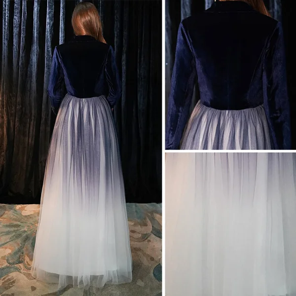 Chic / Beautiful Navy Blue Suede Evening Dresses  2019 A-Line / Princess V-Neck Long Sleeve Floor-Length / Long Ruffle Formal Dresses
