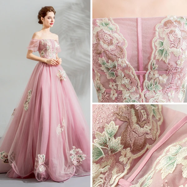 Stunning Candy Pink Prom Dresses 2019 Ball Gown Off-The-Shoulder Puffy Short Sleeve Appliques Lace Floor-Length / Long Ruffle Backless Formal Dresses