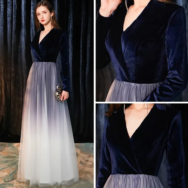 Chic / Beautiful Navy Blue Suede Evening Dresses  2019 A-Line / Princess V-Neck Long Sleeve Floor-Length / Long Ruffle Formal Dresses