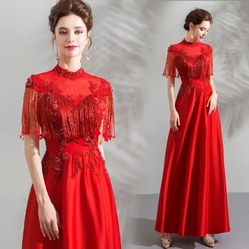 Chinese Style Red Evening Dresses 2019 A Line Princess High Neck Short Sleeve Beading Tassel Ankle Length Ruffle Backless Formal Dresses
