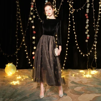 Snygga Fina Svarta Mocka Aftonklänningar 2019 Prinsessa Fyrkantig Ringning 3 4 Ärm Glittriga Glitter Tyll Te Längd Ruffle Formella Klänningar