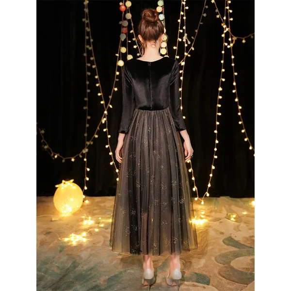 Chic / Beautiful Black Suede Evening Dresses 2019 A-Line / Princess Square Neckline 3/4 Sleeve Glitter Tulle Tea-length Ruffle Formal Dresses