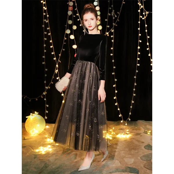 Chic / Beautiful Black Suede Evening Dresses 2019 A-Line / Princess Square Neckline 3/4 Sleeve Glitter Tulle Tea-length Ruffle Formal Dresses