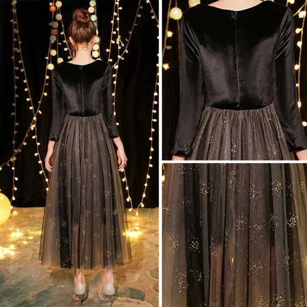 Chic / Beautiful Black Suede Evening Dresses 2019 A-Line / Princess Square Neckline 3/4 Sleeve Glitter Tulle Tea-length Ruffle Formal Dresses
