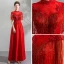 Chinesischer Stil Rot Abendkleider 2019 A Linie Stehkragen Kurze Ärmel Perlenstickerei Quaste Knöchellänge Rüschen Rückenfreies Festliche Kleider