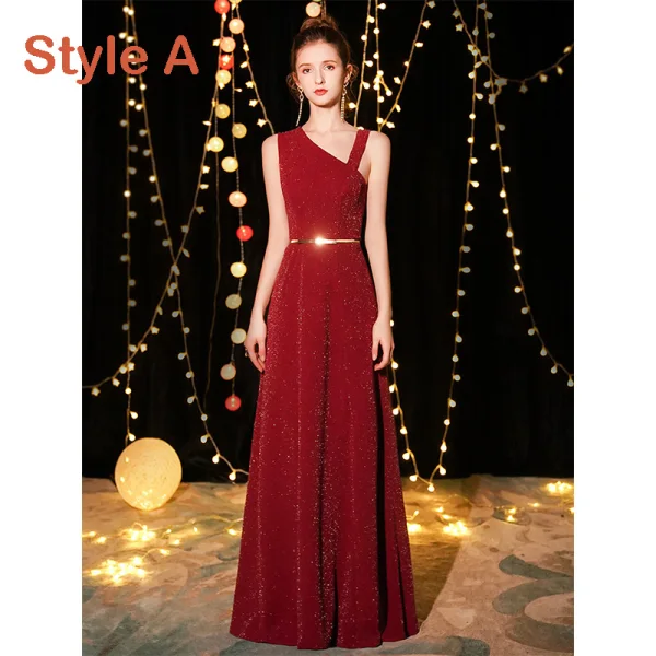 Elegant Burgundy Evening Dresses  2019 A-Line / Princess Sleeveless Glitter Polyester Metal Sash Floor-Length / Long Ruffle Backless Formal Dresses