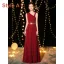 Elegant Burgundy Evening Dresses  2019 A-Line / Princess Sleeveless Glitter Polyester Metal Sash Floor-Length / Long Ruffle Backless Formal Dresses