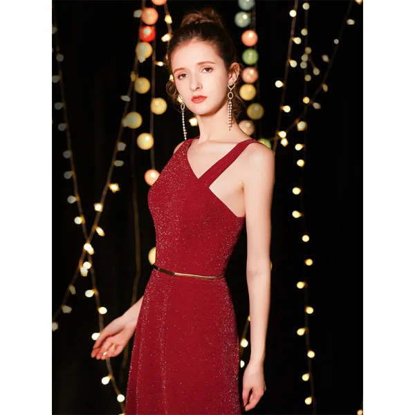Elegant Burgundy Evening Dresses  2019 A-Line / Princess Sleeveless Glitter Polyester Metal Sash Floor-Length / Long Ruffle Backless Formal Dresses