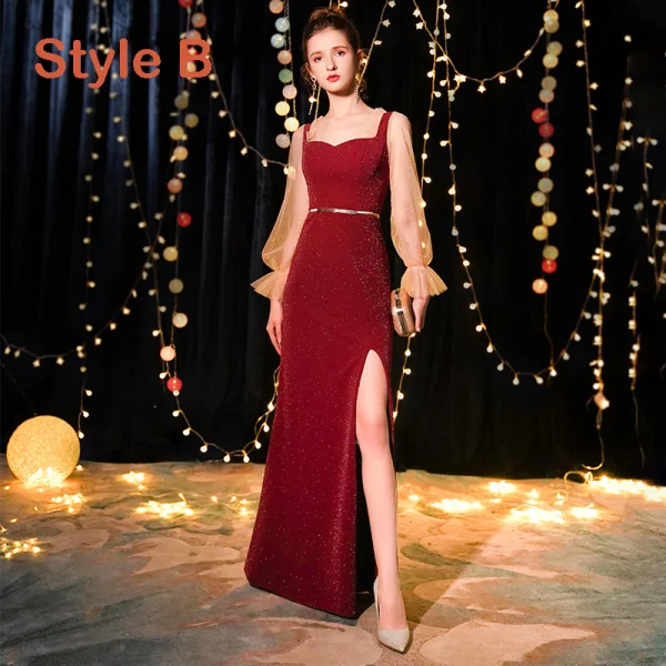 Elegant Burgundy Evening Dresses  2019 A-Line / Princess Sleeveless Glitter Polyester Metal Sash Floor-Length / Long Ruffle Backless Formal Dresses