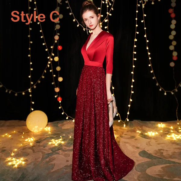 Elegant Burgundy Evening Dresses  2019 A-Line / Princess Sleeveless Glitter Polyester Metal Sash Floor-Length / Long Ruffle Backless Formal Dresses