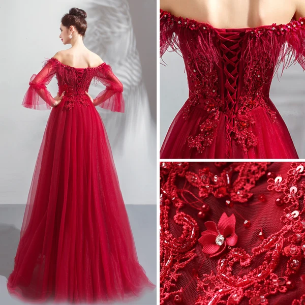 Glamour Bordeaux Robe De Soirée 2019 Princesse De l'épaule Gonflée Manches Longues Plumes Appliques En Dentelle Perlage Faux Diamant Longue Volants Dos Nu Robe De Ceremonie