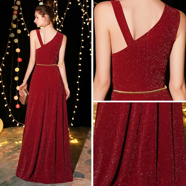 Elegant Burgundy Evening Dresses  2019 A-Line / Princess Sleeveless Glitter Polyester Metal Sash Floor-Length / Long Ruffle Backless Formal Dresses