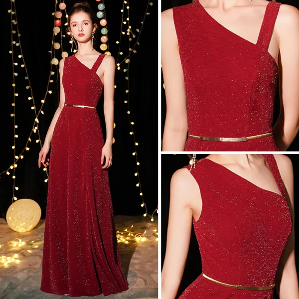 Elegant Burgundy Evening Dresses  2019 A-Line / Princess Sleeveless Glitter Polyester Metal Sash Floor-Length / Long Ruffle Backless Formal Dresses