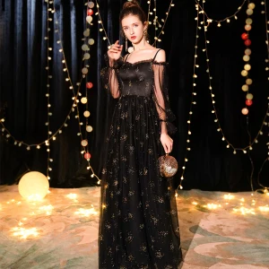 Abordable Noire Robe De Soirée 2019 Princesse De L 039 Épaule Bretelles Spaghetti Gonflée Manches Longues Glitter Tulle Longue Volants Dos Nu Robe De Ceremonie