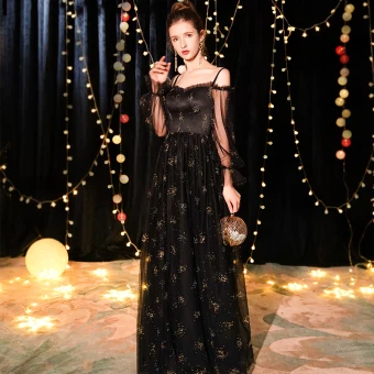 Abordable Noire Robe De Soirée 2019 Princesse De L 039 Épaule Bretelles Spaghetti Gonflée Manches Longues Glitter Tulle Longue Volants Dos Nu Robe De Ceremonie