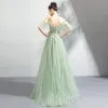 Modern / Fashion Lime Green Evening Dresses  2019 A-Line / Princess Spaghetti Straps Short Sleeve Appliques Lace Beading Floor-Length / Long Ruffle Backless Formal Dresses