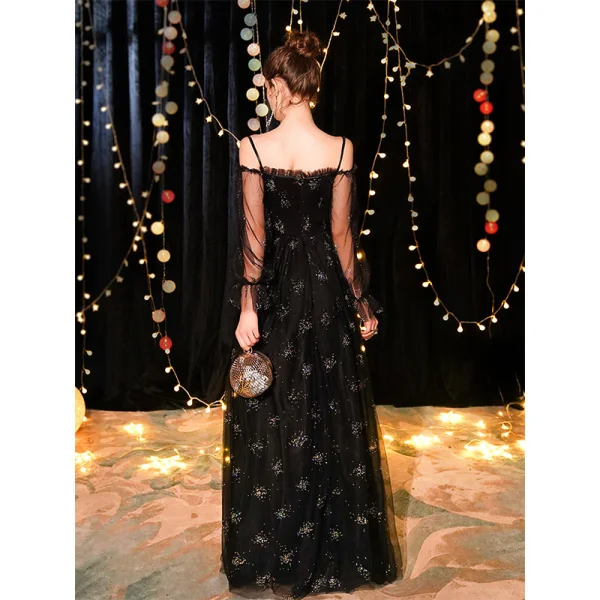 Abordable Noire Robe De Soirée 2019 Princesse De l'épaule Bretelles Spaghetti Gonflée Manches Longues Glitter Tulle Longue Volants Dos Nu Robe De Ceremonie