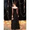 Affordable Black Evening Dresses  2019 A-Line / Princess Off-The-Shoulder Spaghetti Straps Puffy Long Sleeve Glitter Tulle Floor-Length / Long Ruffle Backless Formal Dresses