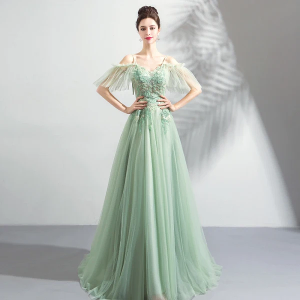 Modern / Fashion Lime Green Evening Dresses 2019 A-Line / Princess Spaghetti Straps Short Sleeve Appliques Lace Beading Floor-Length / Long Ruffle Backless Formal Dresses