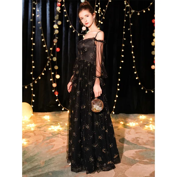 Abordable Noire Robe De Soirée 2019 Princesse De l'épaule Bretelles Spaghetti Gonflée Manches Longues Glitter Tulle Longue Volants Dos Nu Robe De Ceremonie