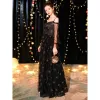 Affordable Black Evening Dresses  2019 A-Line / Princess Off-The-Shoulder Spaghetti Straps Puffy Long Sleeve Glitter Tulle Floor-Length / Long Ruffle Backless Formal Dresses