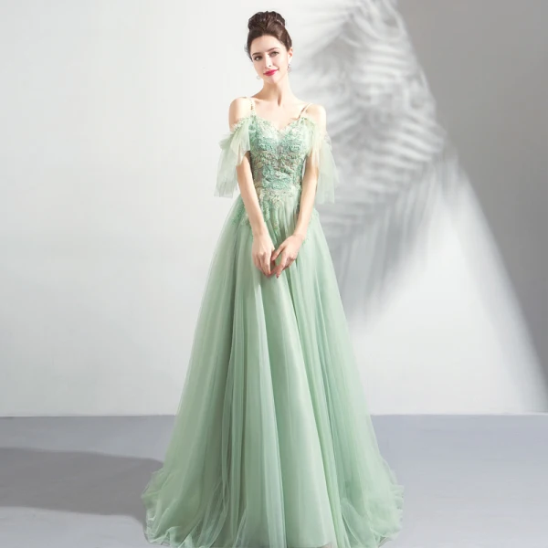 Modern / Fashion Lime Green Evening Dresses 2019 A-Line / Princess Spaghetti Straps Short Sleeve Appliques Lace Beading Floor-Length / Long Ruffle Backless Formal Dresses