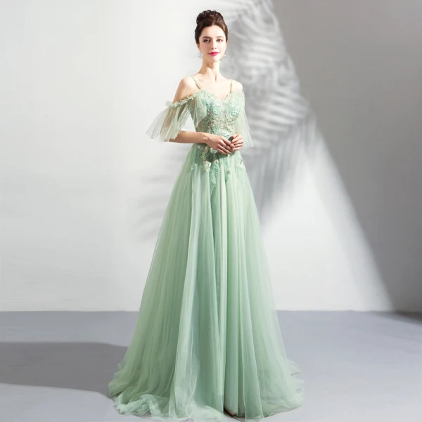 Modern / Fashion Lime Green Evening Dresses 2019 A-Line / Princess Spaghetti Straps Short Sleeve Appliques Lace Beading Floor-Length / Long Ruffle Backless Formal Dresses