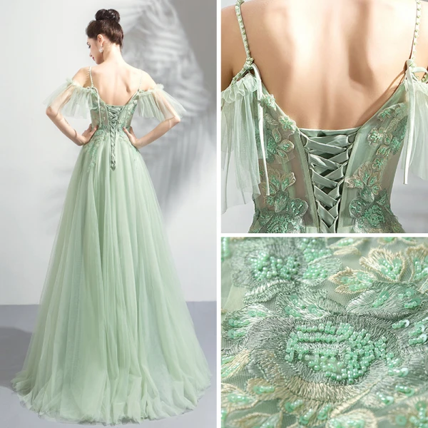 Modern / Fashion Lime Green Evening Dresses 2019 A-Line / Princess Spaghetti Straps Short Sleeve Appliques Lace Beading Floor-Length / Long Ruffle Backless Formal Dresses