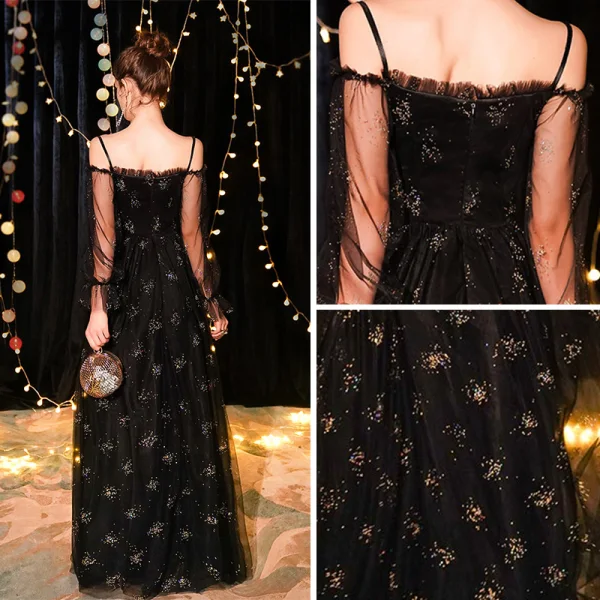 Abordable Noire Robe De Soirée 2019 Princesse De l'épaule Bretelles Spaghetti Gonflée Manches Longues Glitter Tulle Longue Volants Dos Nu Robe De Ceremonie