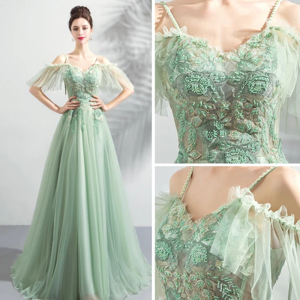 Modern / Fashion Lime Green Evening Dresses 2019 A-Line / Princess Spaghetti Straps Short Sleeve Appliques Lace Beading Floor-Length / Long Ruffle Backless Formal Dresses