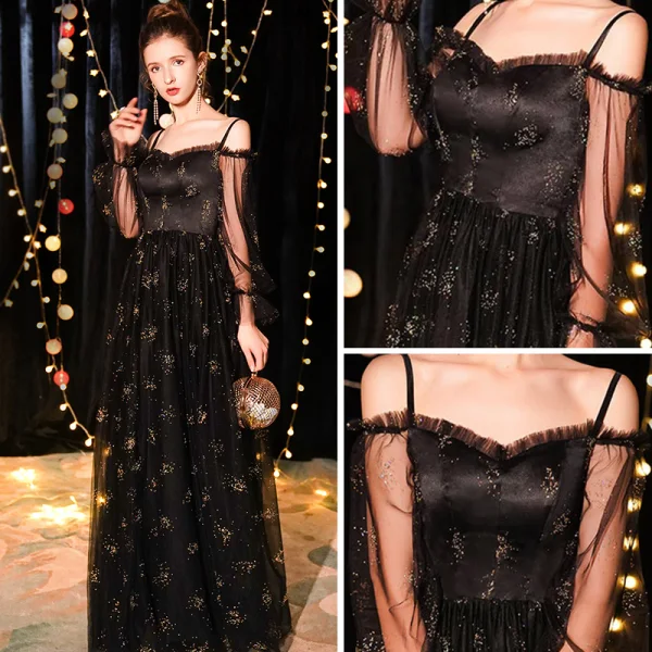 Abordable Noire Robe De Soirée 2019 Princesse De l'épaule Bretelles Spaghetti Gonflée Manches Longues Glitter Tulle Longue Volants Dos Nu Robe De Ceremonie