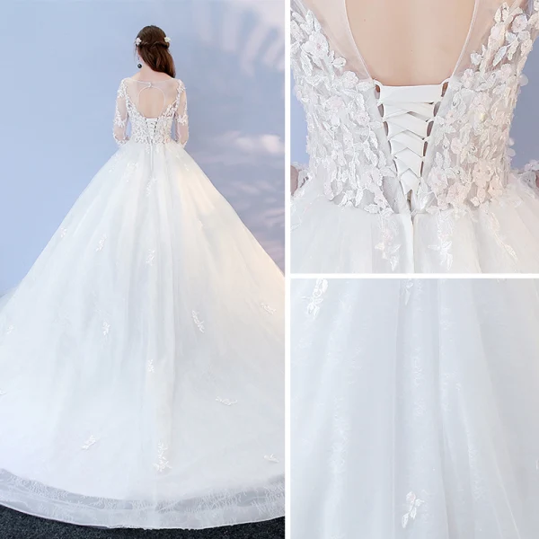 Abordable Blanche Percé Robe De Mariée 2017 Robe Boule Encolure Dégagée Manches Longues Dos Nu Appliques En Dentelle Chapel Train