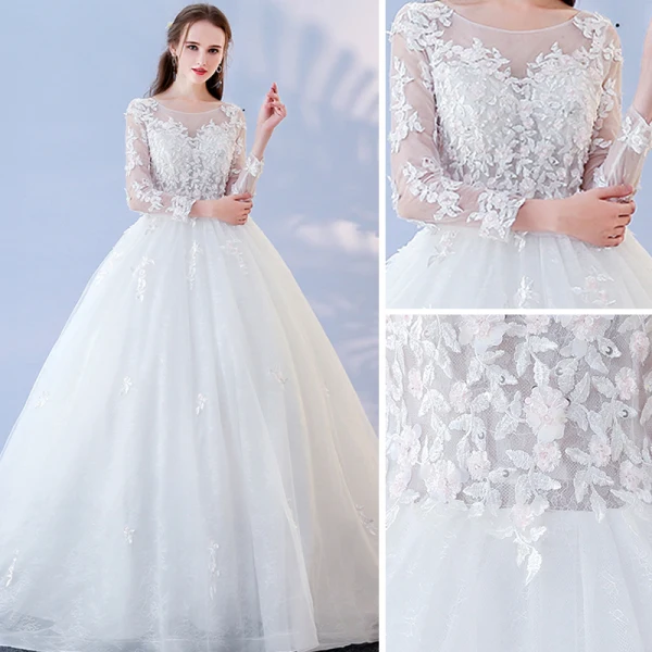 Abordable Blanche Percé Robe De Mariée 2017 Robe Boule Encolure Dégagée Manches Longues Dos Nu Appliques En Dentelle Chapel Train