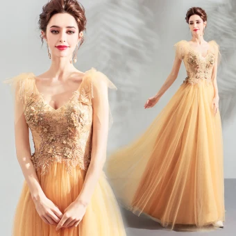 Elegant Yellow Prom Dresses 2019 A Line Princess V Neck Sleeveless Appliques Lace Pearl Floor Length Long Ruffle Backless Formal Dresses
