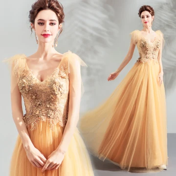 Elegant Yellow Prom Dresses 2019 A Line Princess V Neck Sleeveless Appliques Lace Pearl Floor Length Long Ruffle Backless Formal Dresses