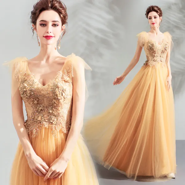 Elegant Yellow Prom Dresses 2019 A-Line / Princess V-Neck Sleeveless Appliques Lace Pearl Floor-Length / Long Ruffle Backless Formal Dresses
