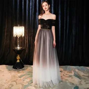 Elegant Black Evening Dresses 2019 A Line Princess Off The Shoulder Short Sleeve Beading Sash Floor Length Long Ruffle Backless Formal Dresses