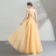 Elegant Yellow Prom Dresses 2019 A-Line / Princess V-Neck Sleeveless Appliques Lace Pearl Floor-Length / Long Ruffle Backless Formal Dresses
