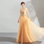 Elegant Yellow Prom Dresses 2019 A-Line / Princess V-Neck Sleeveless Appliques Lace Pearl Floor-Length / Long Ruffle Backless Formal Dresses
