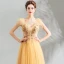 Elegant Yellow Prom Dresses 2019 A-Line / Princess V-Neck Sleeveless Appliques Lace Pearl Floor-Length / Long Ruffle Backless Formal Dresses