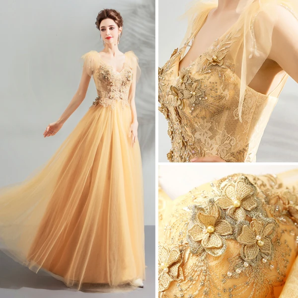Elegant Yellow Prom Dresses 2019 A-Line / Princess V-Neck Sleeveless Appliques Lace Pearl Floor-Length / Long Ruffle Backless Formal Dresses