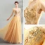 Elegant Yellow Prom Dresses 2019 A-Line / Princess V-Neck Sleeveless Appliques Lace Pearl Floor-Length / Long Ruffle Backless Formal Dresses