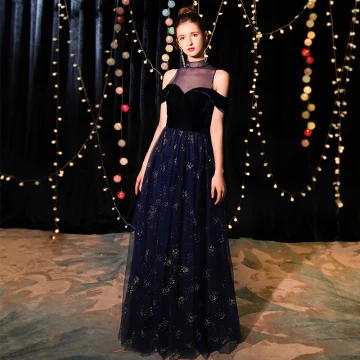 Élégant Bleu Marine Transparentes Robe De Soirée 2019 Princesse Col Haut Manches Courtes Glitter Tulle Longue Volants Robe De Ceremonie