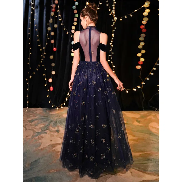 Elegant Navy Blue See-through Evening Dresses  2019 A-Line / Princess High Neck Short Sleeve Glitter Tulle Floor-Length / Long Ruffle Formal Dresses