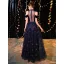 Elegant Navy Blue See-through Evening Dresses  2019 A-Line / Princess High Neck Short Sleeve Glitter Tulle Floor-Length / Long Ruffle Formal Dresses