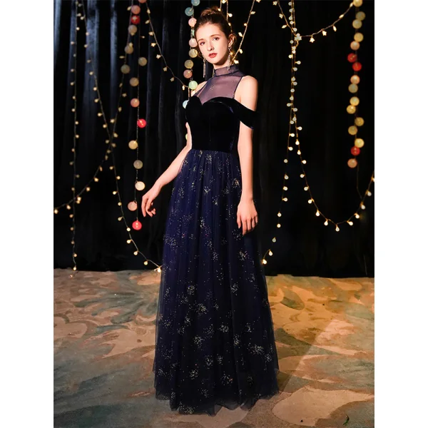 Elegant Navy Blue See-through Evening Dresses  2019 A-Line / Princess High Neck Short Sleeve Glitter Tulle Floor-Length / Long Ruffle Formal Dresses