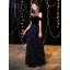 Elegant Navy Blue See-through Evening Dresses  2019 A-Line / Princess High Neck Short Sleeve Glitter Tulle Floor-Length / Long Ruffle Formal Dresses