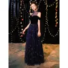 Elegant Navy Blue See-through Evening Dresses  2019 A-Line / Princess High Neck Short Sleeve Glitter Tulle Floor-Length / Long Ruffle Formal Dresses