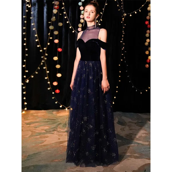 Elegant Navy Blue See-through Evening Dresses  2019 A-Line / Princess High Neck Short Sleeve Glitter Tulle Floor-Length / Long Ruffle Formal Dresses